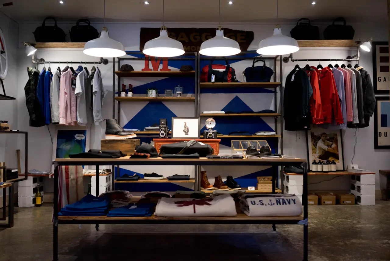 Interior de una tienda con expositores de producto
